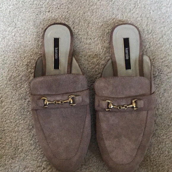 Kensie Poppi Taupe Leather Upper Slip on Suede Mules w/Gold Metal Detailing-9M - Picture 2 of 9